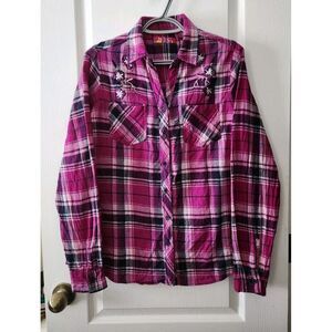 BTC Womens Plaid Flannel Button Up Shirt Long Sleeve Cotton Top Purple Size‎ M